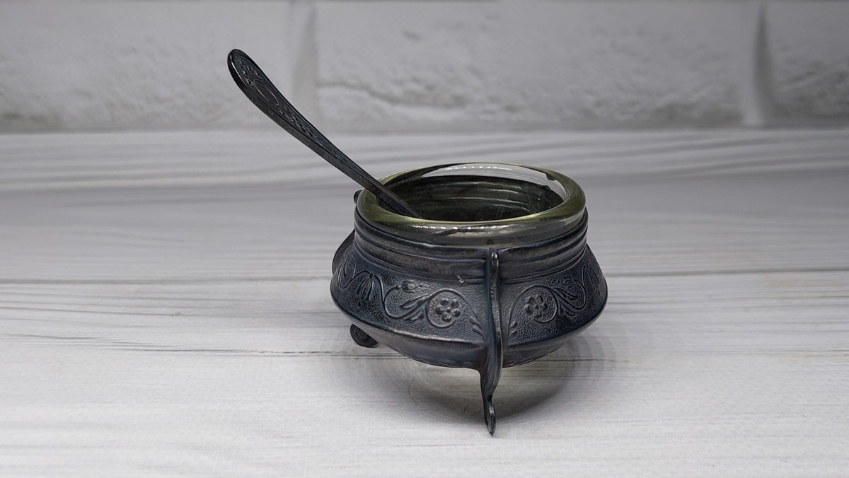 Soviet Vintage Salt Shaker with Spoon, Mustard Pot, Salt Jug, Soviet Melchior Small Salt Jar, Vintage Collectibles, Made in USSR