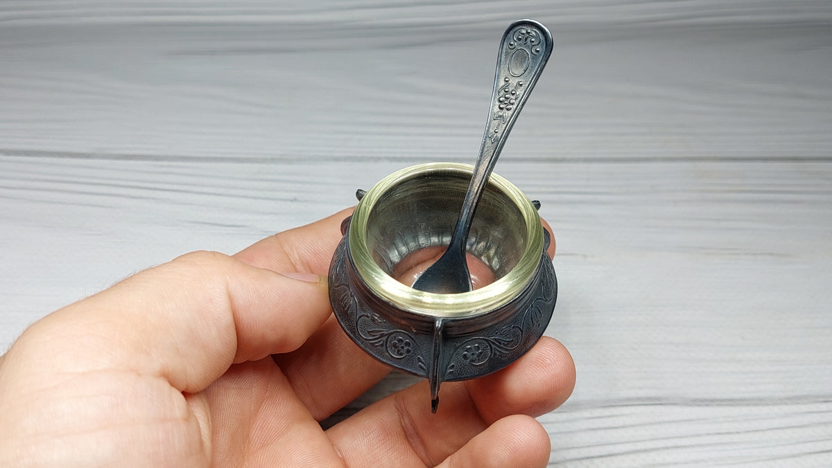 Soviet Vintage Salt Shaker with Spoon, Mustard Pot, Salt Jug, Soviet Melchior Small Salt Jar, Vintage Collectibles, Made in USSR