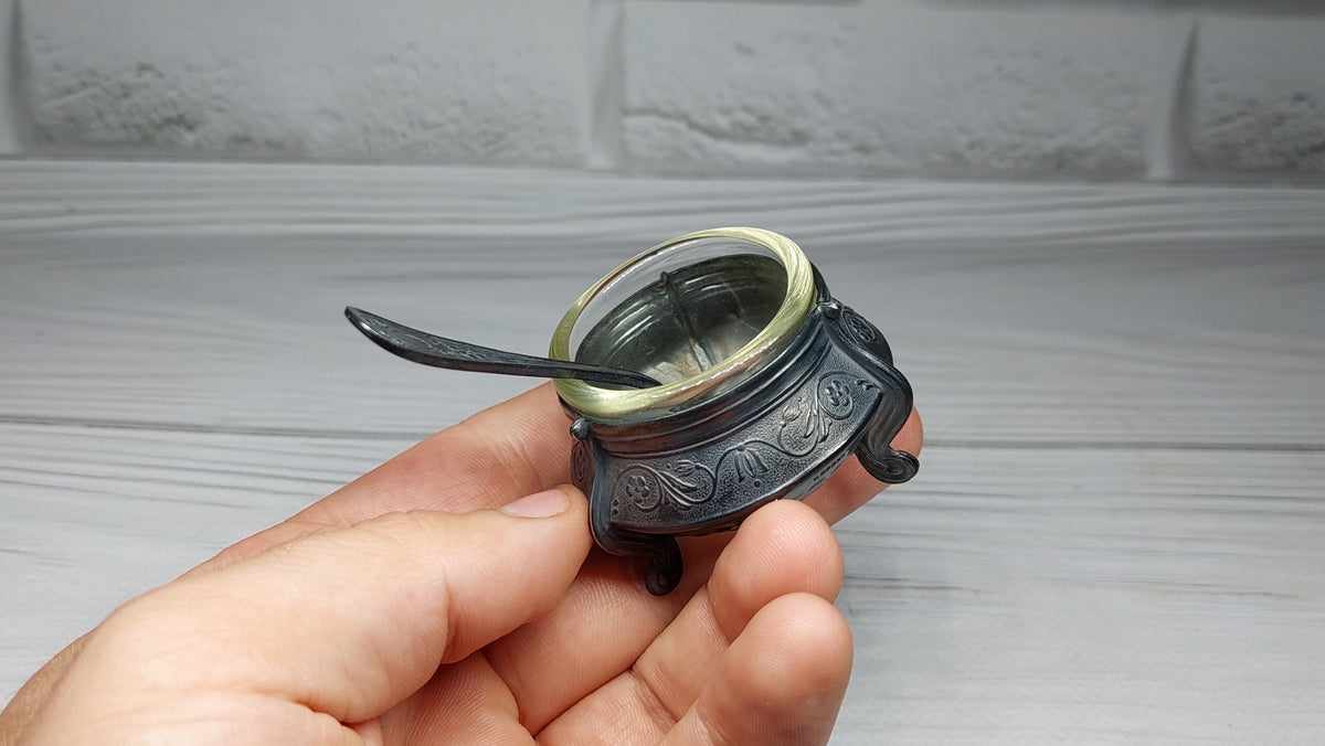 Soviet Vintage Salt Shaker with Spoon, Mustard Pot, Salt Jug, Soviet Melchior Small Salt Jar, Vintage Collectibles, Made in USSR