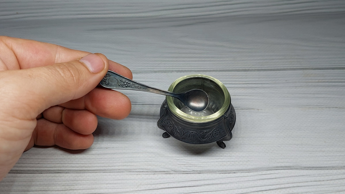Soviet Vintage Salt Shaker with Spoon, Mustard Pot, Salt Jug, Soviet Melchior Small Salt Jar, Vintage Collectibles, Made in USSR