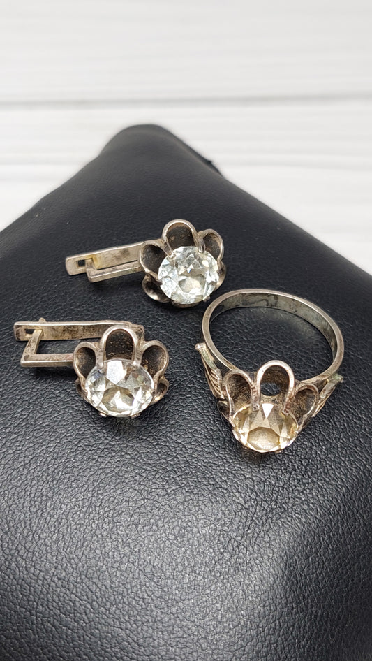 Vintage set of silver and rock crystal ring and earrings Made in USSR 875 silver sample.