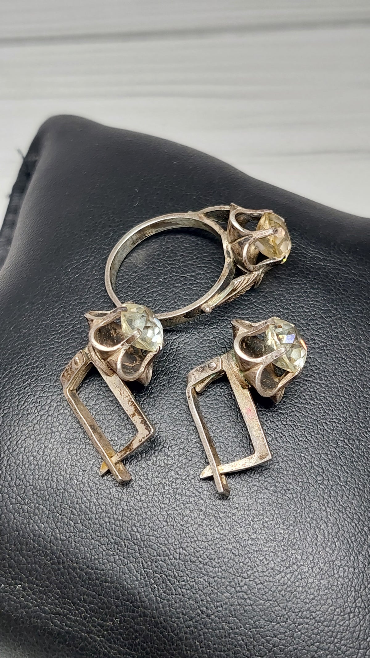 Vintage set of silver and rock crystal ring and earrings Made in USSR 875 silver sample.