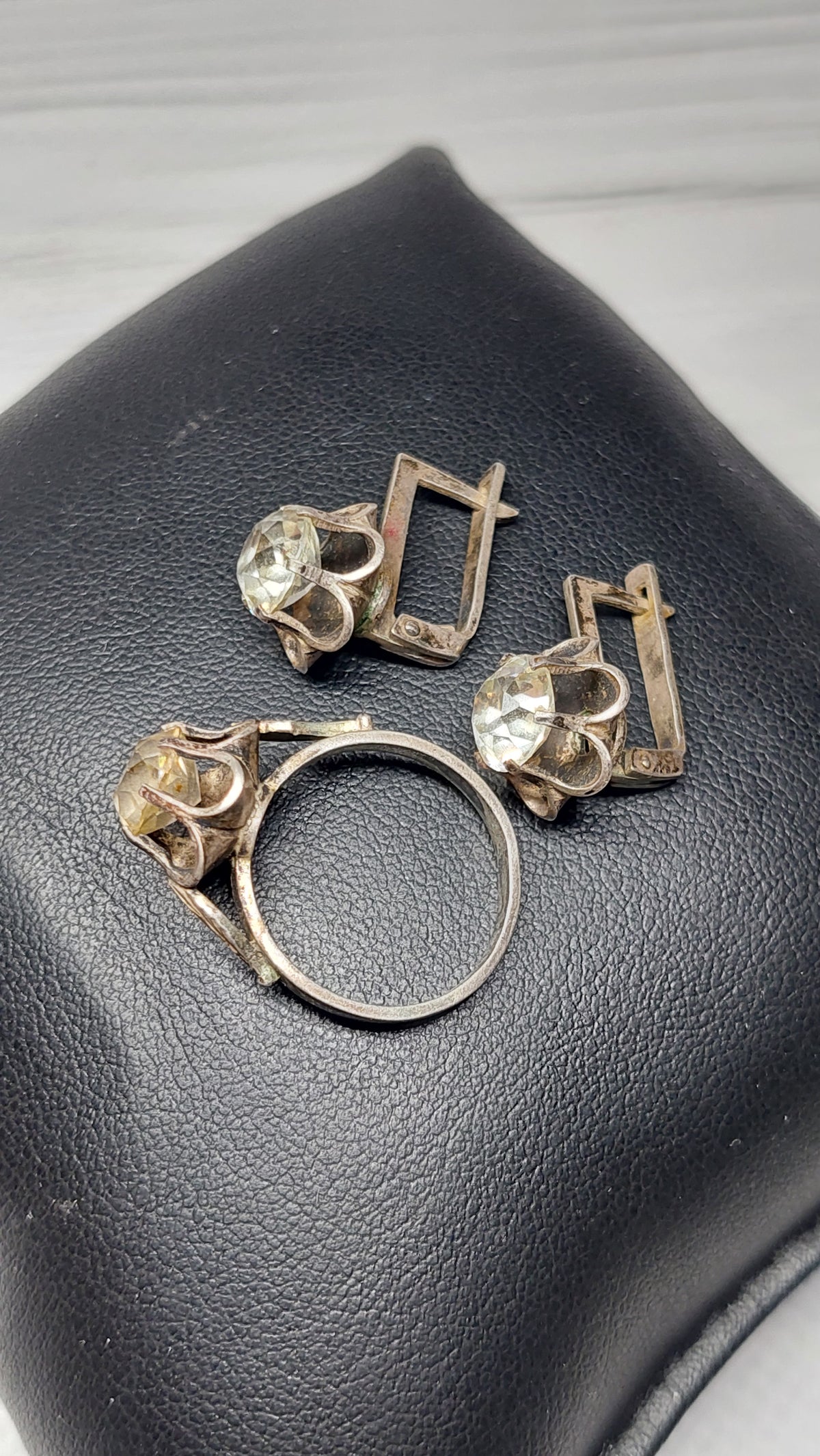 Vintage set of silver and rock crystal ring and earrings Made in USSR 875 silver sample.