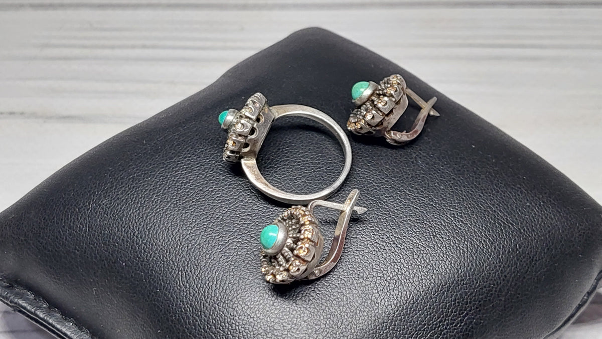 Set Soviet vintage silver ring and earrings, Silver 925 USSR