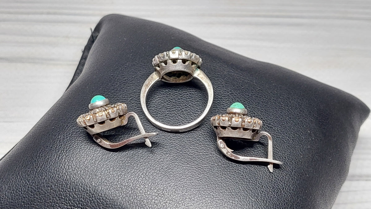Set Soviet vintage silver ring and earrings, Silver 925 USSR