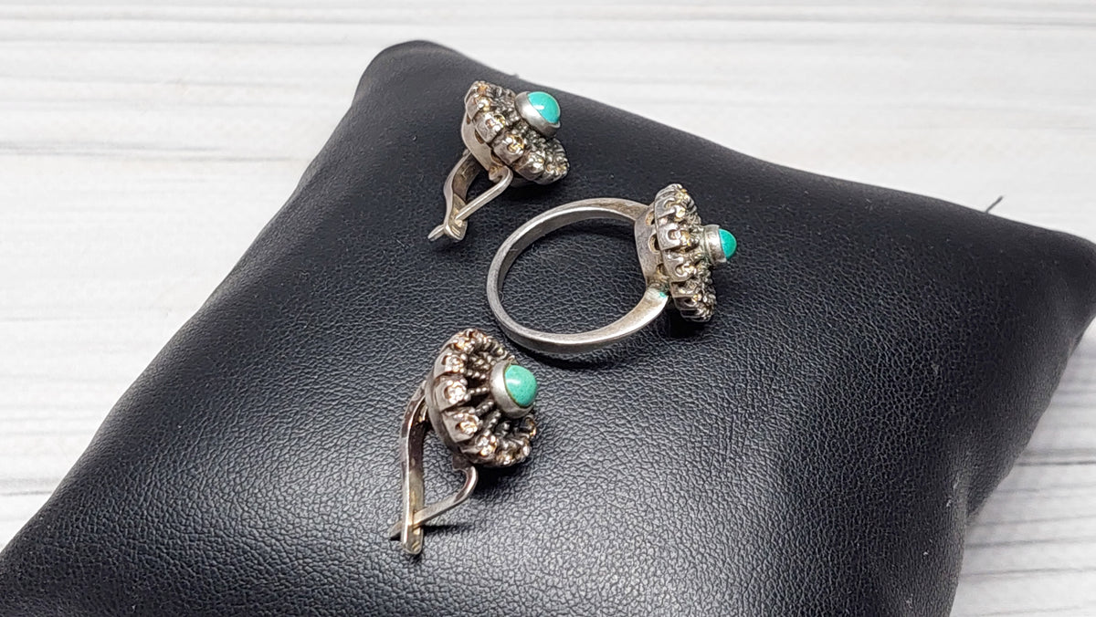 Set Soviet vintage silver ring and earrings, Silver 925 USSR