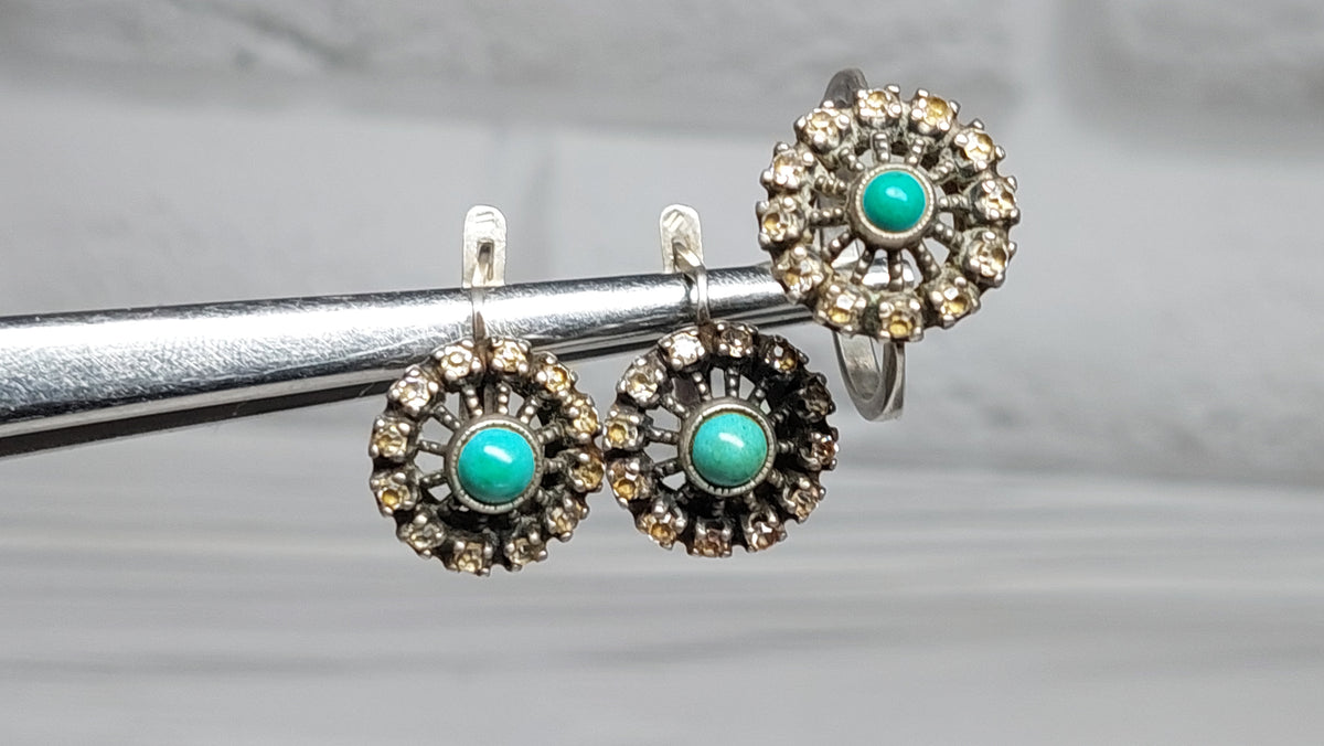 Set Soviet vintage silver ring and earrings, Silver 925 USSR
