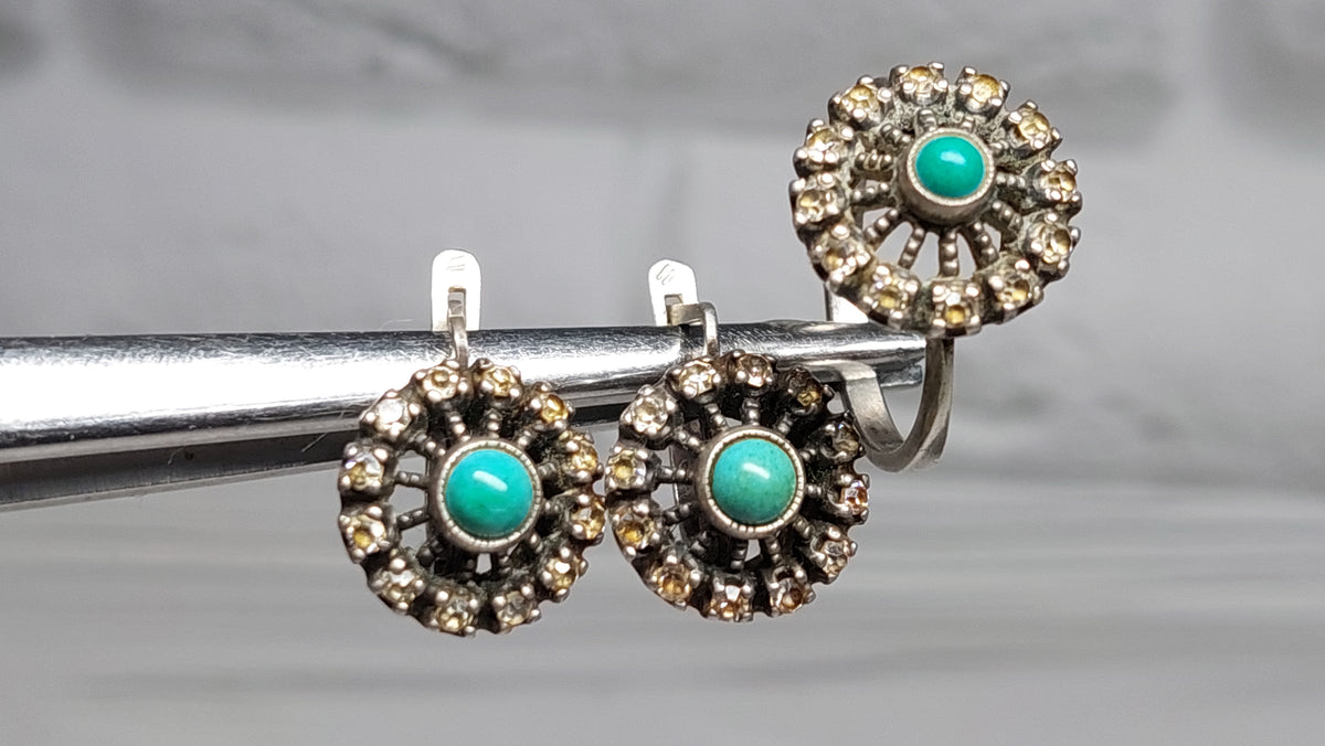 Set Soviet vintage silver ring and earrings, Silver 925 USSR