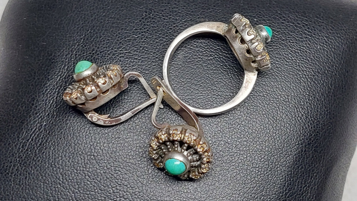 Set Soviet vintage silver ring and earrings, Silver 925 USSR