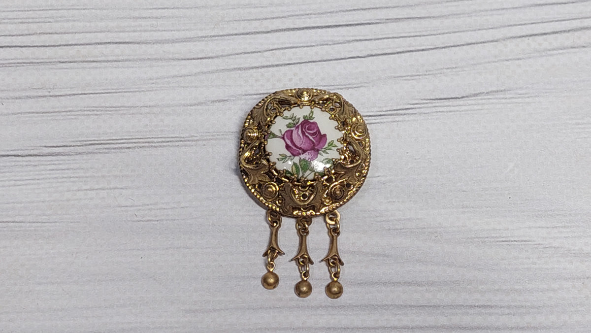 Enamel brooch with pendants, vintage enamel brooch