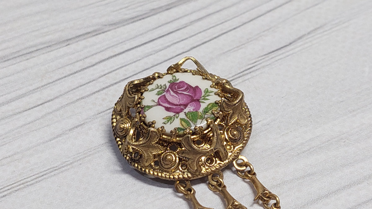 Enamel brooch with pendants, vintage enamel brooch