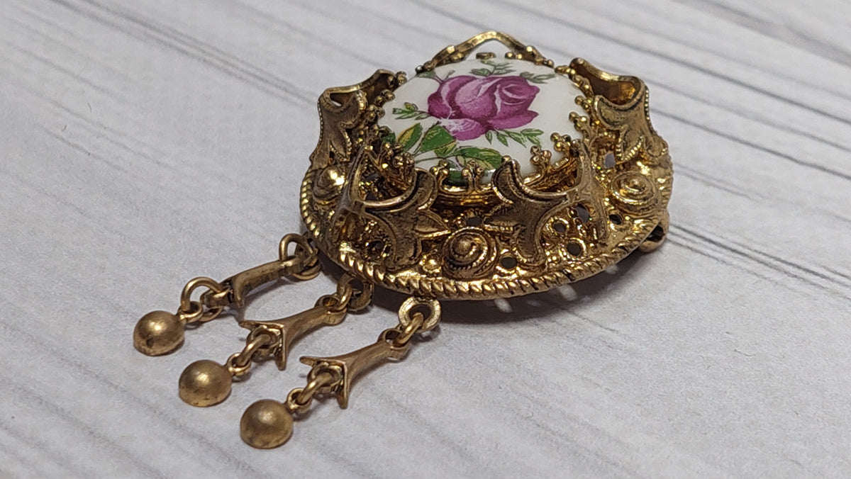 Enamel brooch with pendants, vintage enamel brooch