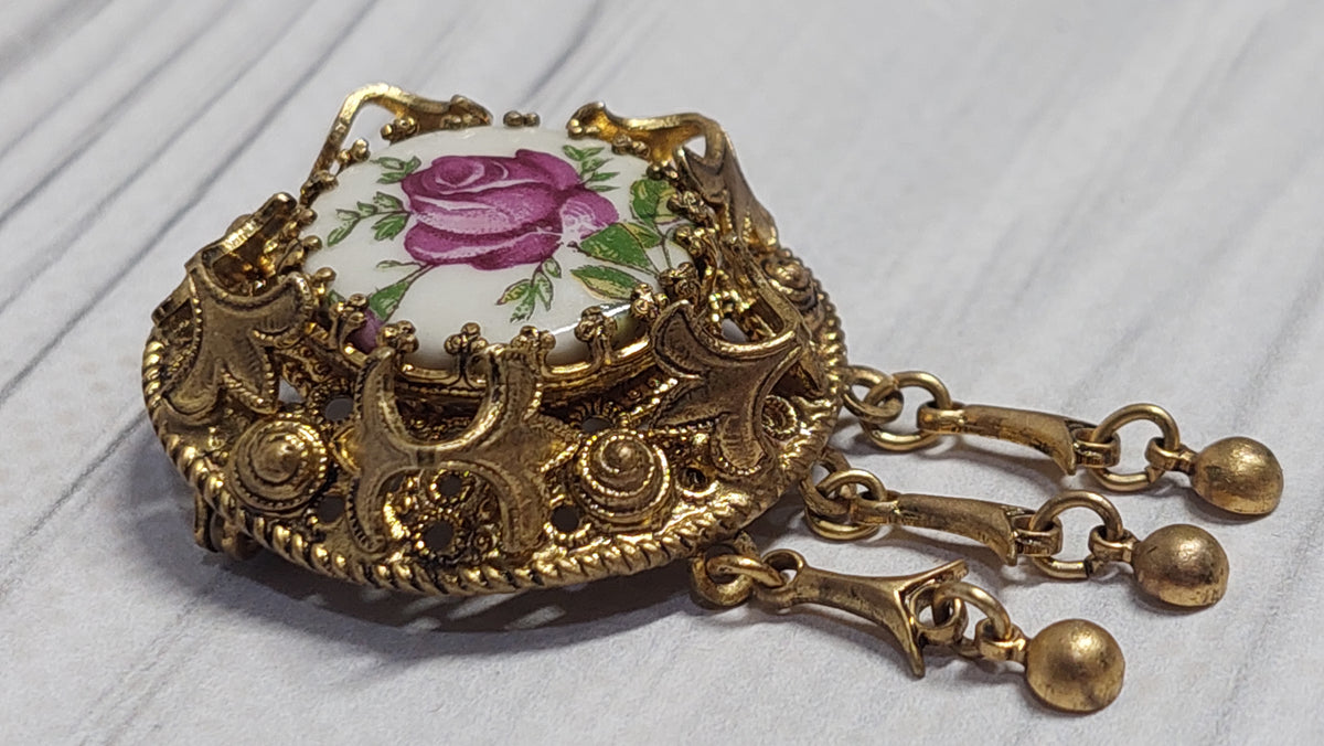 Enamel brooch with pendants, vintage enamel brooch