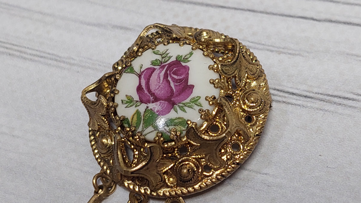 Enamel brooch with pendants, vintage enamel brooch