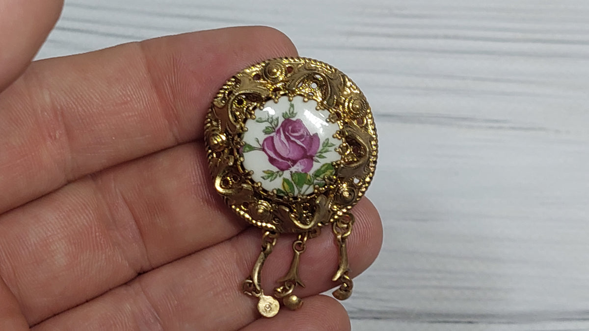 Enamel brooch with pendants, vintage enamel brooch