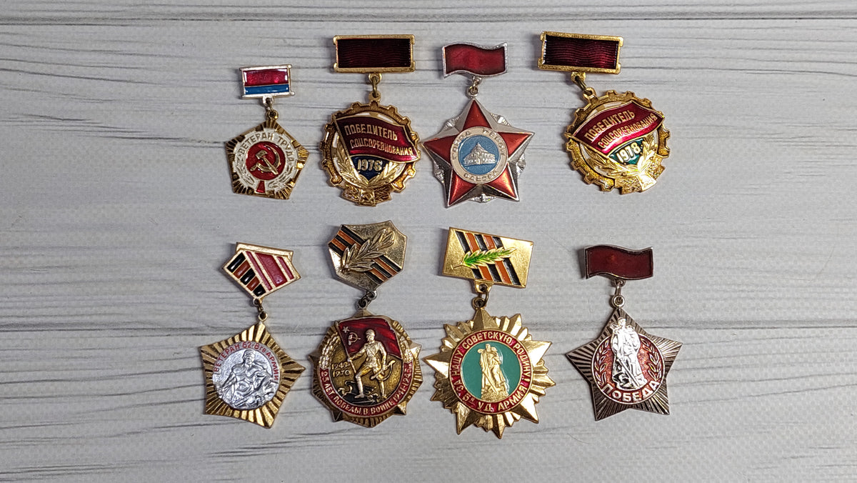 Collection of eight Soviet pin badges, USSR badges of the seventies.