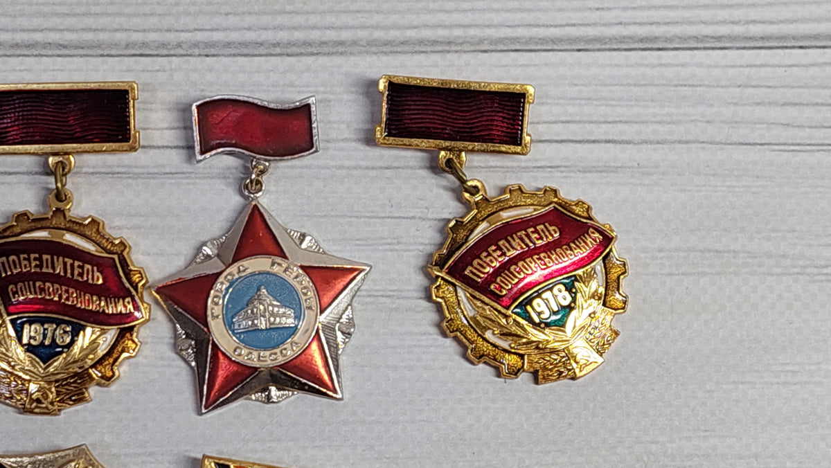 Collection of eight Soviet pin badges, USSR badges of the seventies.