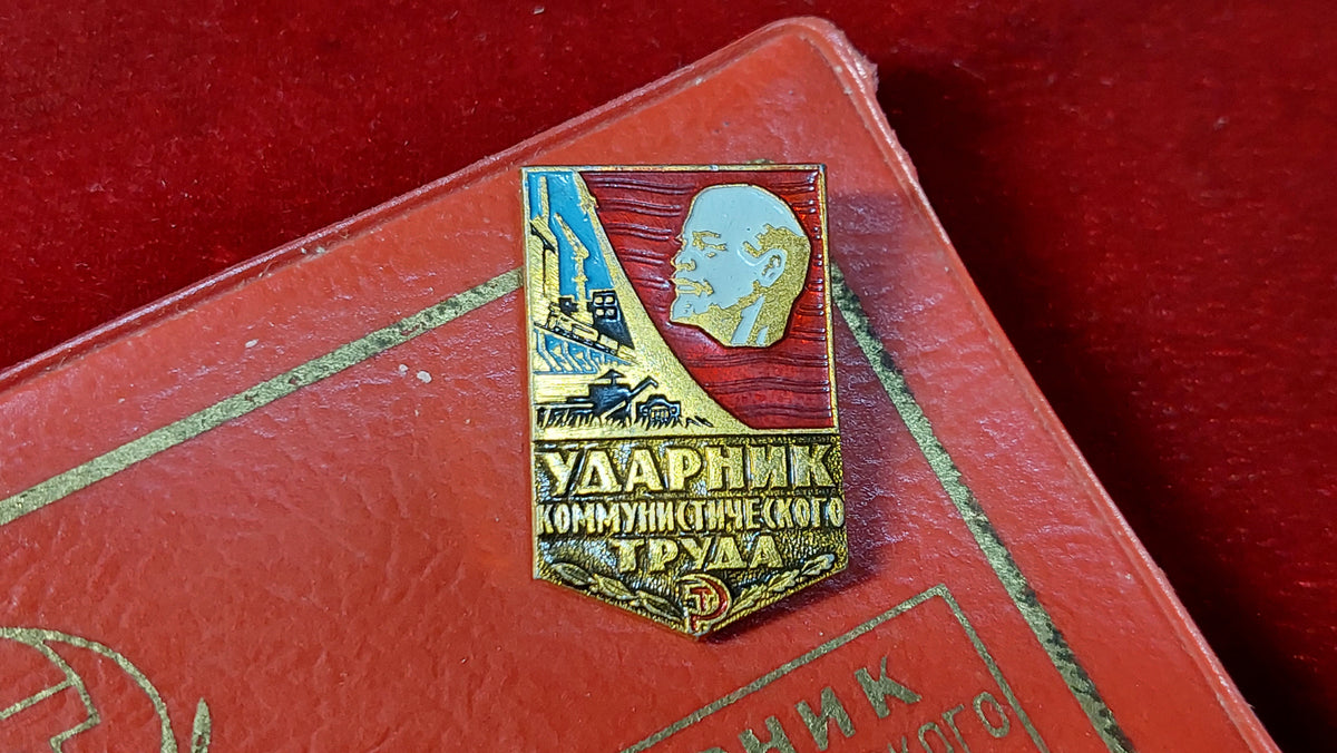 badge Shock worker of communist labor of the USSR, badge with document.