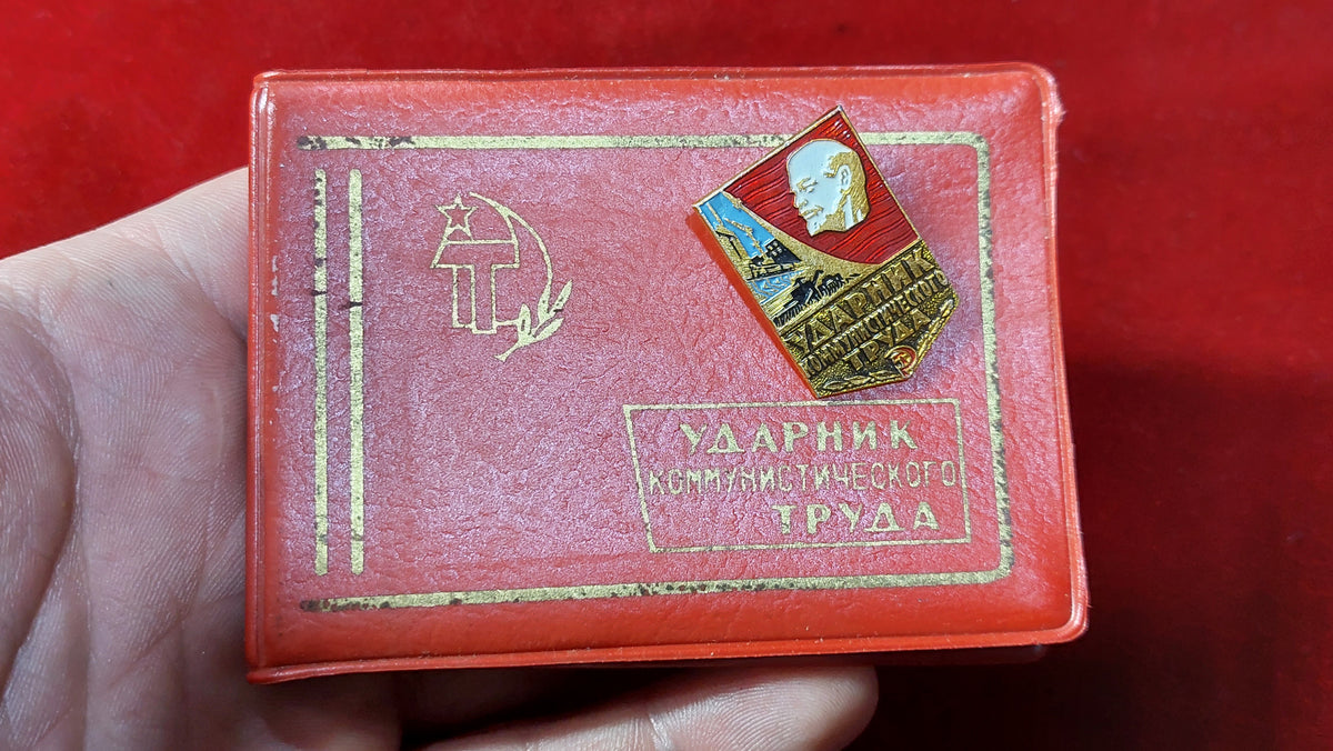 badge Shock worker of communist labor of the USSR, badge with document.
