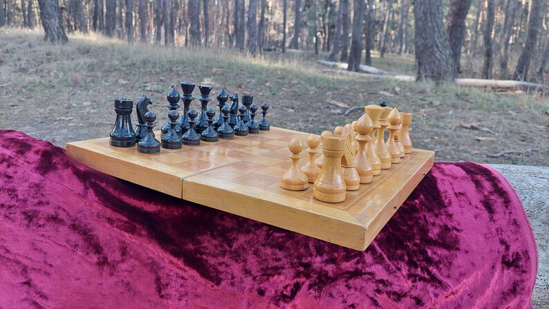 Vintage soviet chess set, big wooden russian chess players of the USSR in original board, russian chess, 1960s vintage chess set