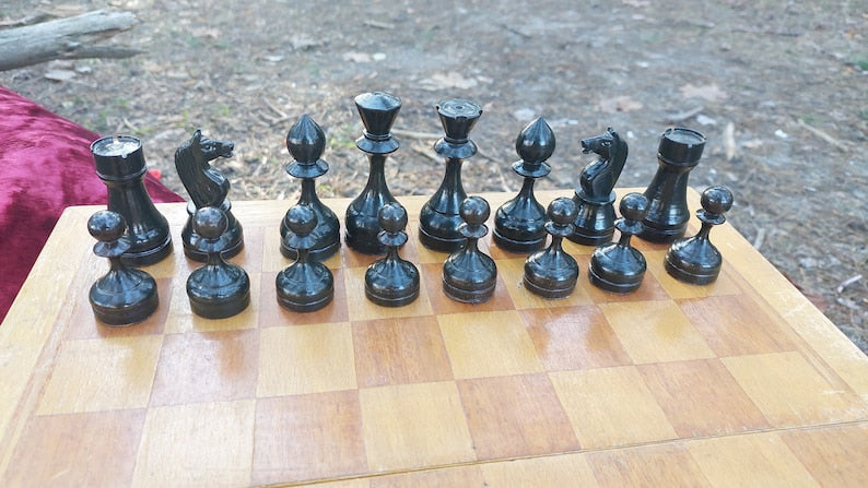Vintage soviet chess set, big wooden russian chess players of the USSR in original board, russian chess, 1960s vintage chess set