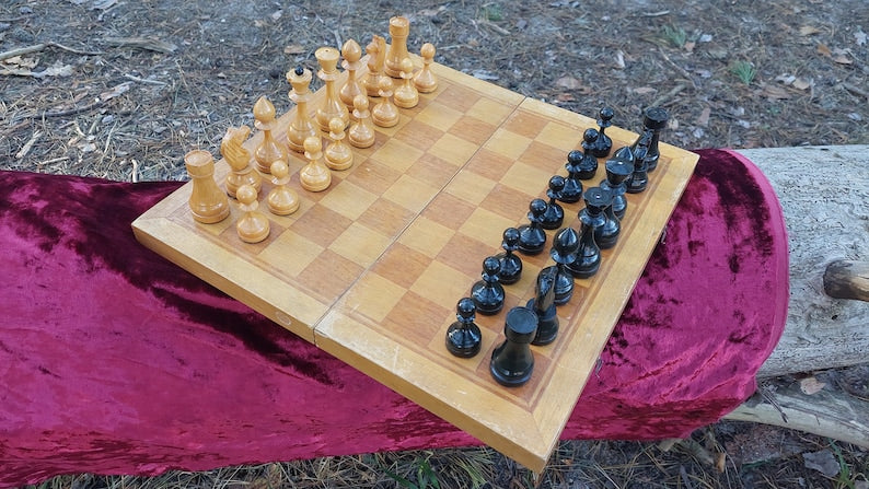 Vintage soviet chess set, big wooden russian chess players of the USSR in original board, russian chess, 1960s vintage chess set