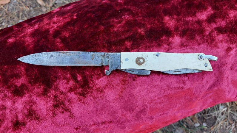 Soviet vintage hunting folding knife, USSR hunting knife, bottle opener, can opener, tourist knife