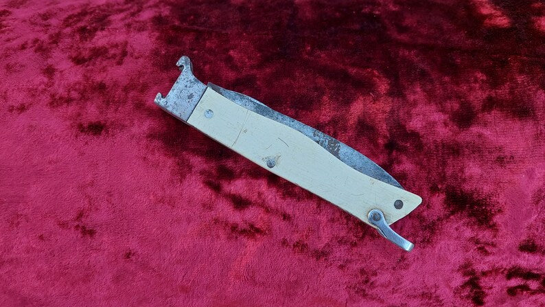 Soviet vintage hunting folding knife, USSR hunting knife, bottle opener, can opener, tourist knife