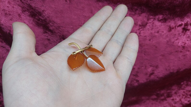 Small Amber Brooch Autumn Leaves Brooch Natural Baltic Amber Pin Vintage USSR 50s Gemstone Jewelry