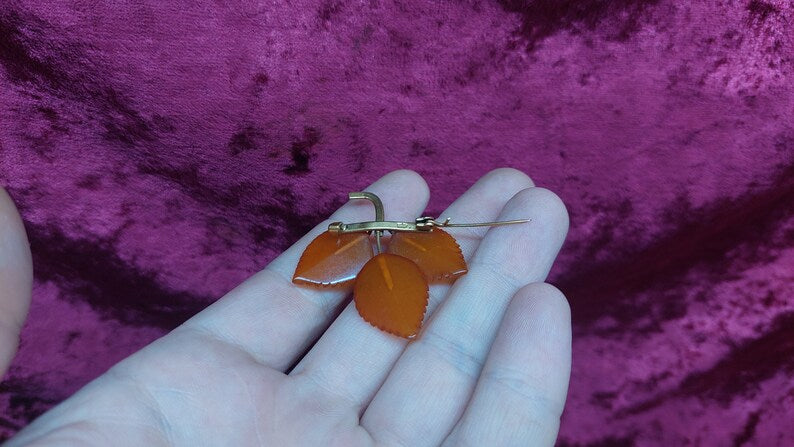 Small Amber Brooch Autumn Leaves Brooch Natural Baltic Amber Pin Vintage USSR 50s Gemstone Jewelry