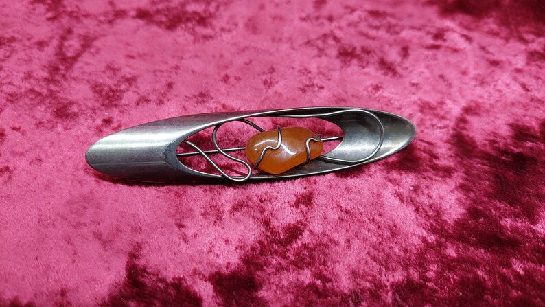 Vintage cupronickel brooch with amber USSR 1980