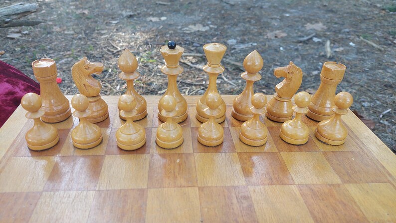 Vintage soviet chess set, big wooden russian chess players of the USSR in original board, russian chess, 1960s vintage chess set