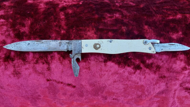 Soviet vintage hunting folding knife, USSR hunting knife, bottle opener, can opener, tourist knife