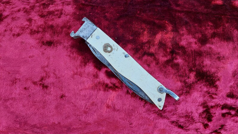 Soviet vintage hunting folding knife, USSR hunting knife, bottle opener, can opener, tourist knife