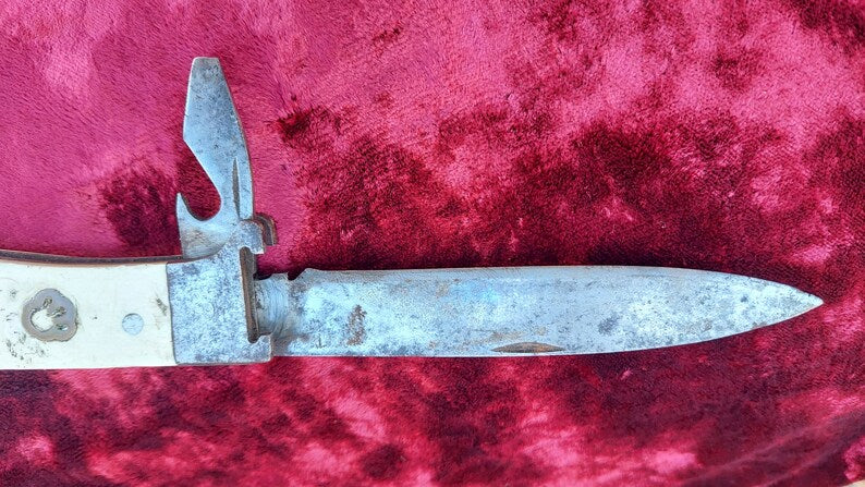 Soviet vintage hunting folding knife, USSR hunting knife, bottle opener, can opener, tourist knife