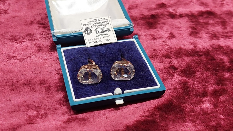 Antique Sterling Silver Cufflinks with Natural Rhinestone - Soviet Rock Crystal Cufflinks - Gold Plated Clear Stone Silver Cufflinks