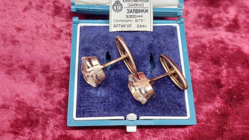 Antique Sterling Silver Cufflinks with Natural Rhinestone - Soviet Rock Crystal Cufflinks - Gold Plated Clear Stone Silver Cufflinks