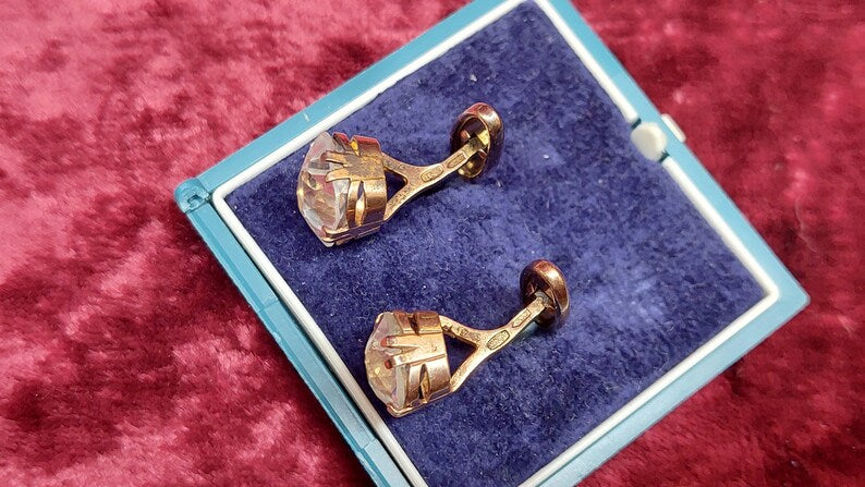 Antique Sterling Silver Cufflinks with Natural Rhinestone - Soviet Rock Crystal Cufflinks - Gold Plated Clear Stone Silver Cufflinks
