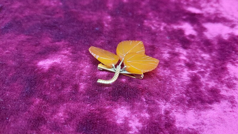 Small Amber Brooch Autumn Leaves Brooch Natural Baltic Amber Pin Vintage USSR 50s Gemstone Jewelry