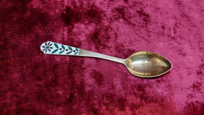 Vintage Soviet USSR Floral Enamelled Gold Plated 916 Silver Dessert Spoon. Leningrad jewelry factory.