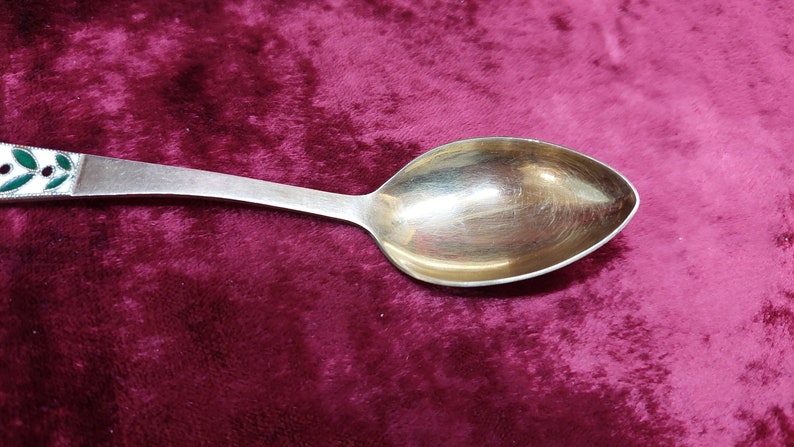 Vintage Soviet USSR Floral Enamelled Gold Plated 916 Silver Dessert Spoon. Leningrad jewelry factory.