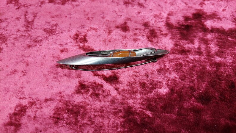 Vintage cupronickel brooch with amber USSR 1980