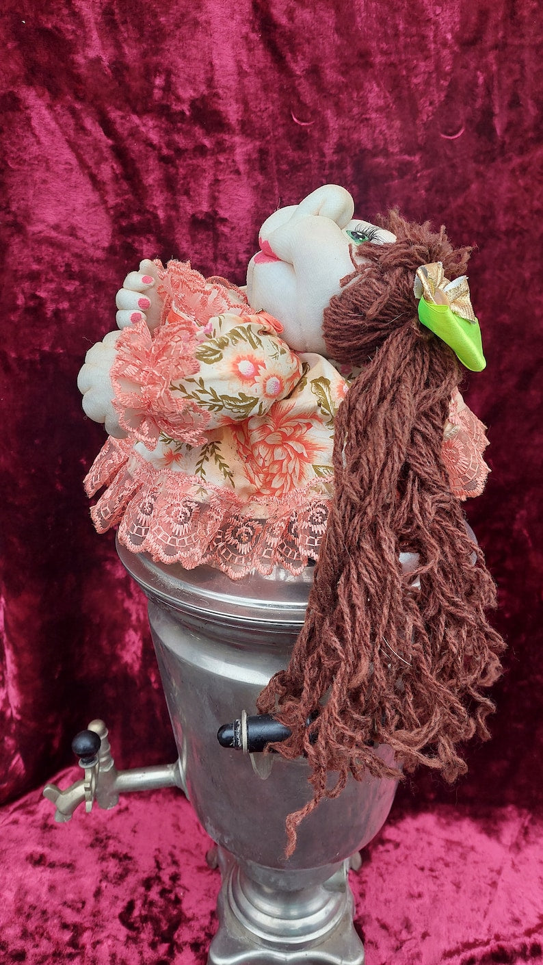 Hand-made samovar doll, doll puts on a samovar, beautiful hand-made samovar doll