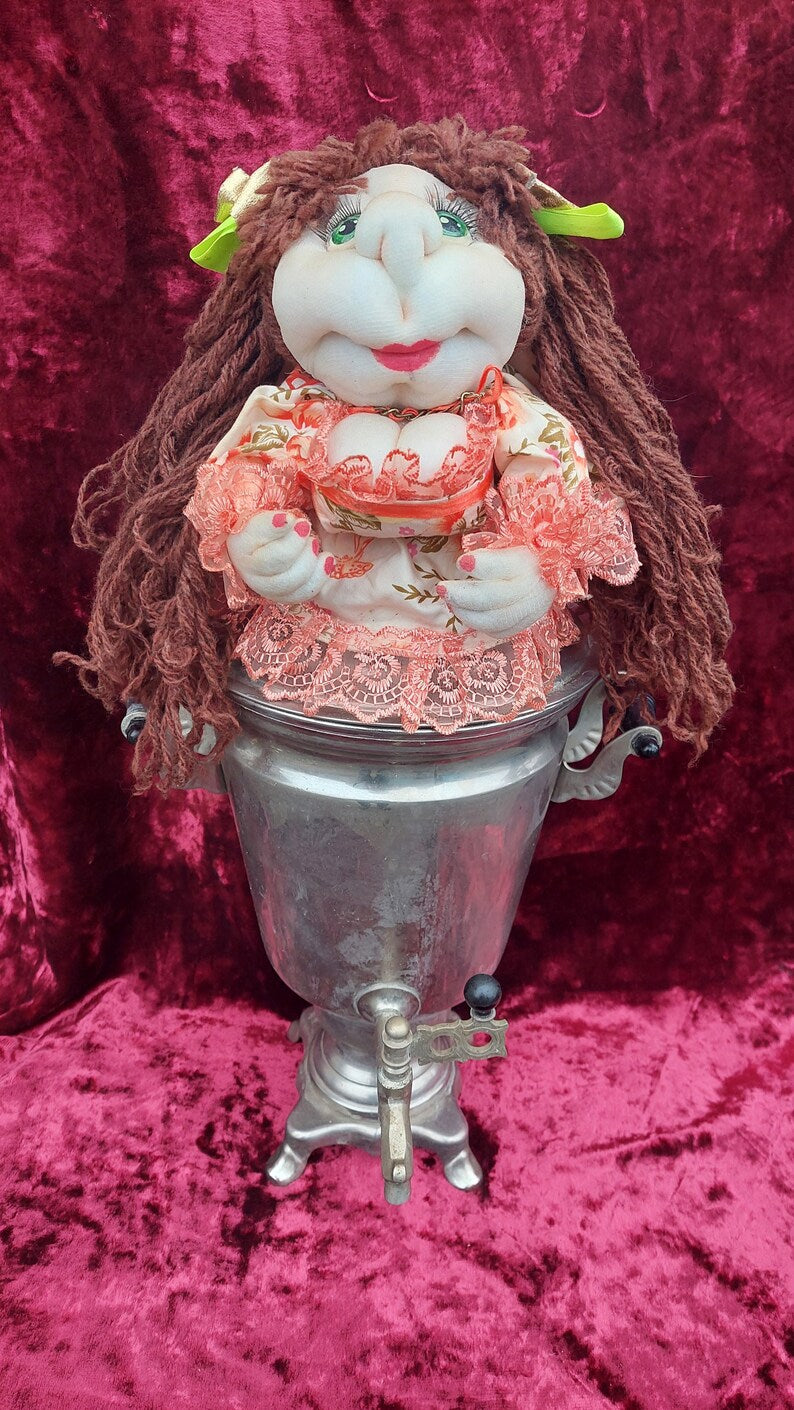 Hand-made samovar doll, doll puts on a samovar, beautiful hand-made samovar doll
