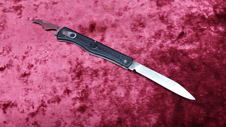 Ukrainian vintage folding knife, USSR folding knife, bottle opener, can opener, produced by the Soviet plant October, tourist knife.