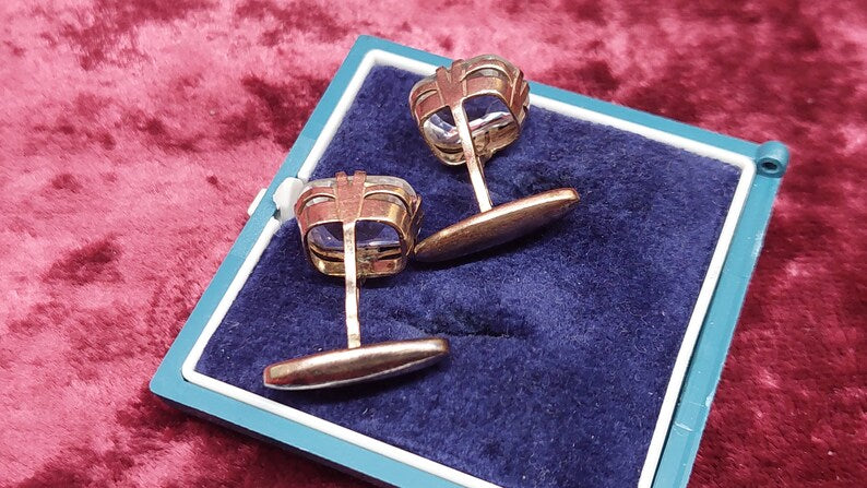 Antique Sterling Silver Cufflinks with Natural Rhinestone - Soviet Rock Crystal Cufflinks - Gold Plated Clear Stone Silver Cufflinks