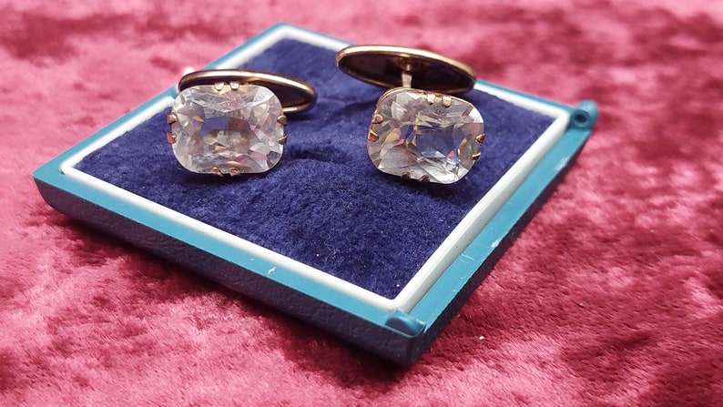 Antique Sterling Silver Cufflinks with Natural Rhinestone - Soviet Rock Crystal Cufflinks - Gold Plated Clear Stone Silver Cufflinks