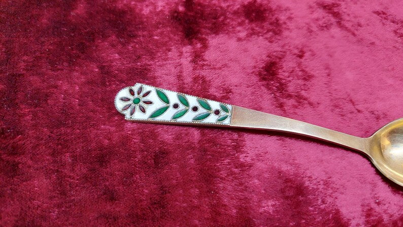 Vintage Soviet USSR Floral Enamelled Gold Plated 916 Silver Dessert Spoon. Leningrad jewelry factory.