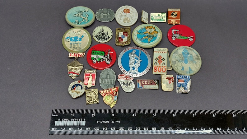 LOT USSR, Soviet era, enamel, badges, cold war badges, communism, CCCP, for vintage backpacks, jackets, hats, caps, uniforms. 25 pieces.