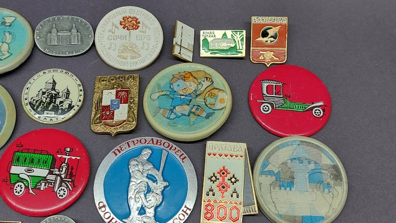 LOT USSR, Soviet era, enamel, badges, cold war badges, communism, CCCP, for vintage backpacks, jackets, hats, caps, uniforms. 25 pieces.